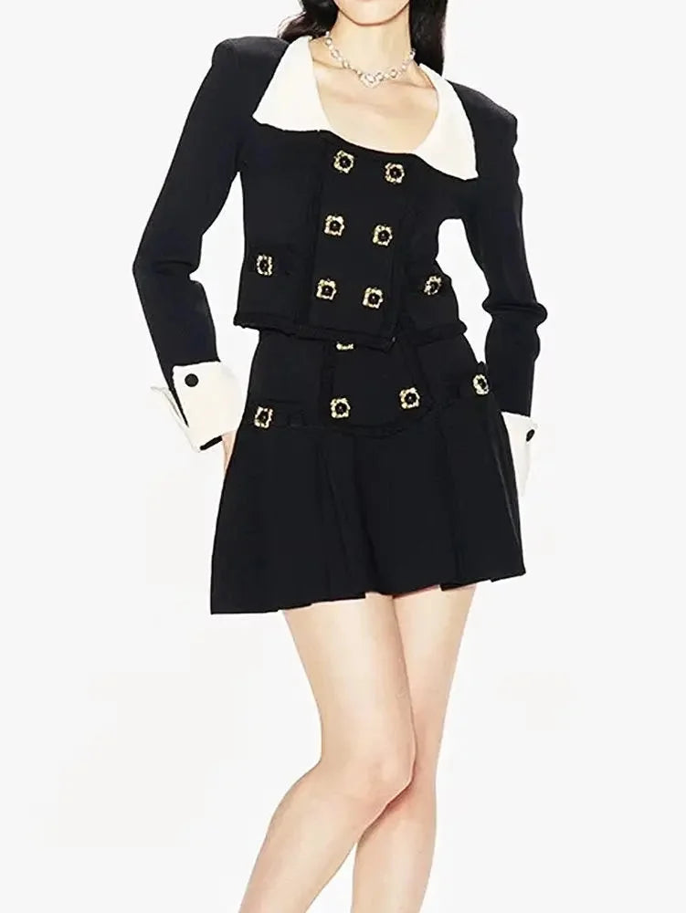 Bicolor Double-Buttoned Cropped Jacket Pleated Mini Skirt Set - Suits & Sets