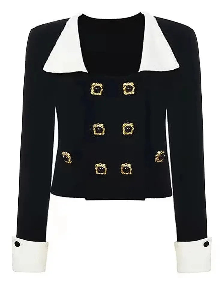 Bicolor Double-Buttoned Cropped Jacket Pleated Mini Skirt Set - Suits & Sets