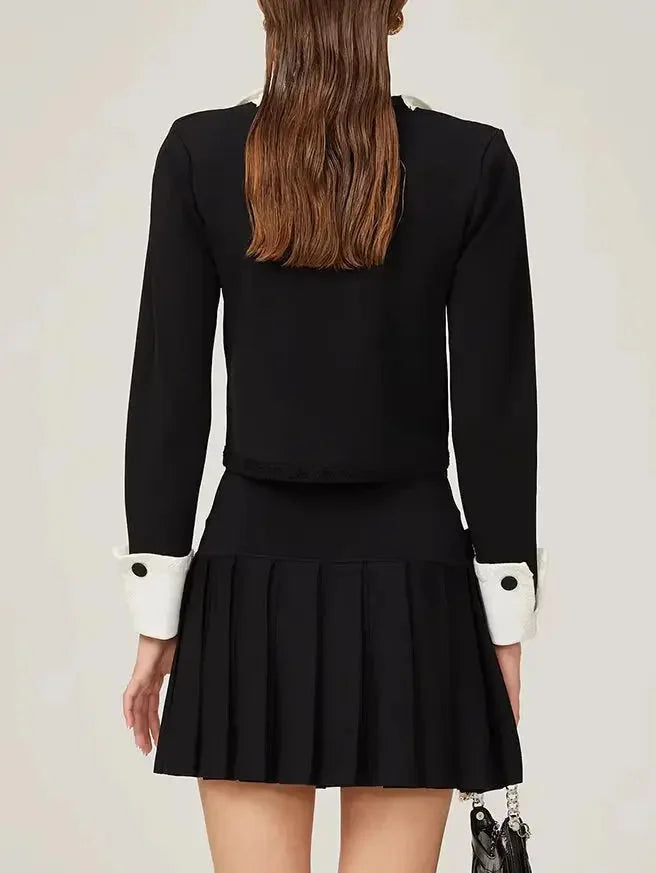 Bicolor Double-Buttoned Cropped Jacket Pleated Mini Skirt Set - Suits & Sets