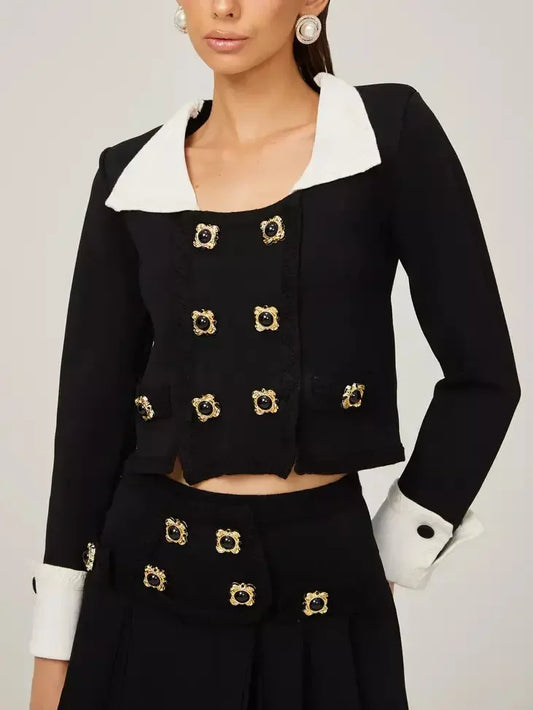 Bicolor Double-Buttoned Cropped Jacket Pleated Mini Skirt Set - Suits & Sets