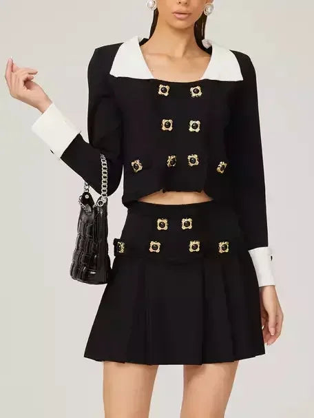 Bicolor Double-Buttoned Cropped Jacket Pleated Mini Skirt Set - Suits & Sets
