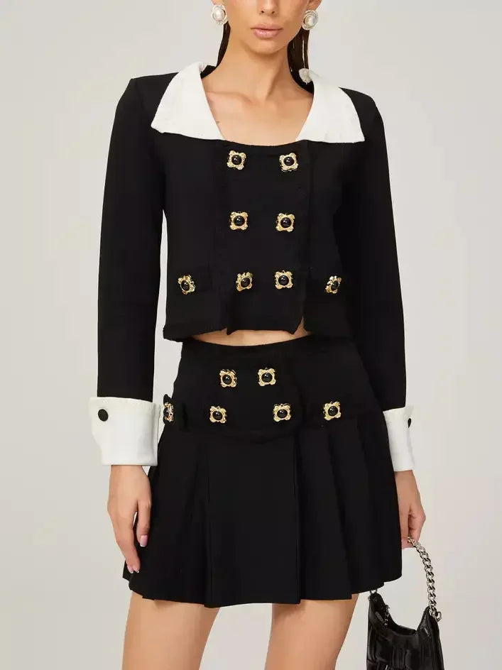 Bicolor Double-Buttoned Cropped Jacket Pleated Mini Skirt Set - Suits & Sets