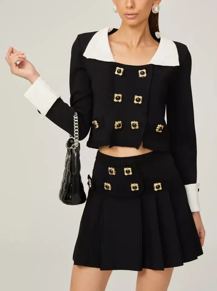 Bicolor Double-Buttoned Cropped Jacket Pleated Mini Skirt Set - Suits & Sets
