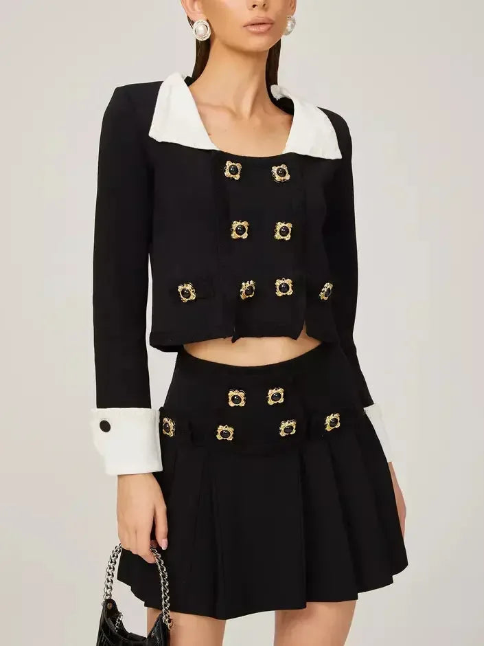 Bicolor Double-Buttoned Cropped Jacket Pleated Mini Skirt Set - Suits & Sets