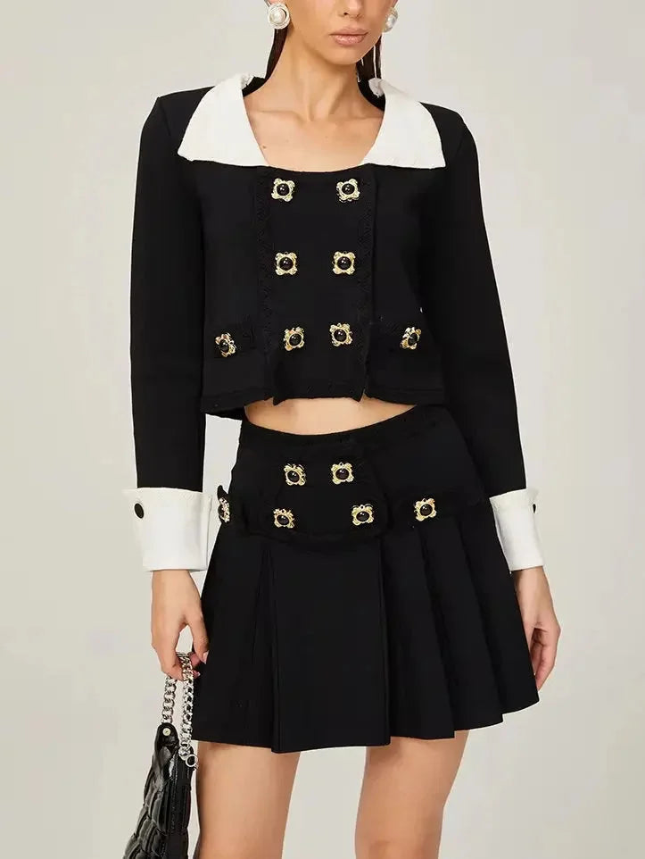 Bicolor Double-Buttoned Cropped Jacket Pleated Mini Skirt Set - Suits & Sets