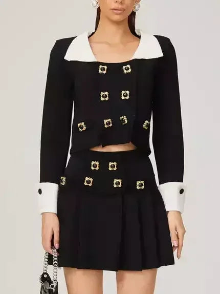 Bicolor Double-Buttoned Cropped Jacket Pleated Mini Skirt Set - Suits & Sets