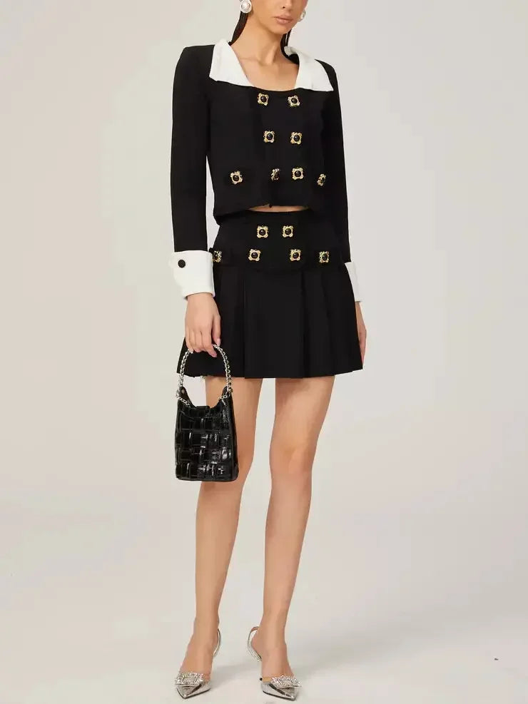 Bicolor Double-Buttoned Cropped Jacket Pleated Mini Skirt Set - Suits & Sets