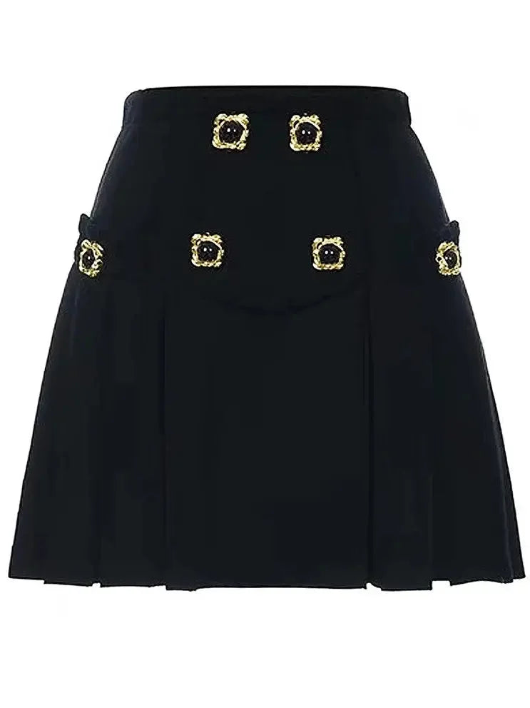 Bicolor Double-Buttoned Cropped Jacket Pleated Mini Skirt Set - Suits & Sets