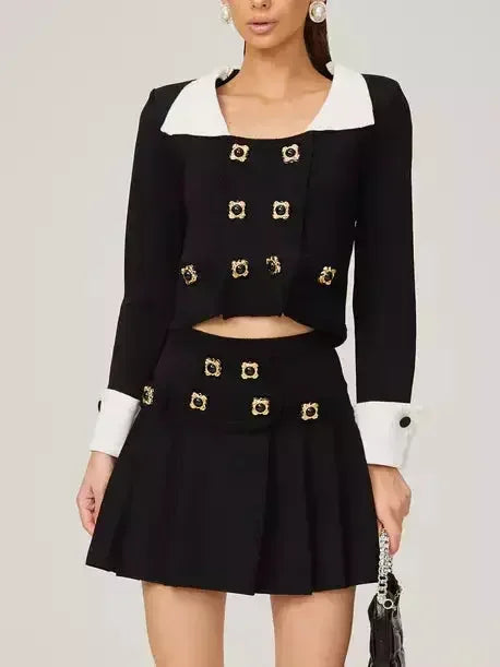 Bicolor Double-Buttoned Cropped Jacket Pleated Mini Skirt Set - Suits & Sets