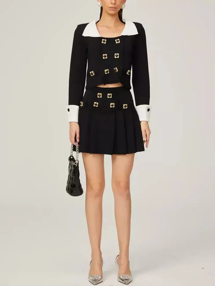 Bicolor Double-Buttoned Cropped Jacket Pleated Mini Skirt Set - Suits & Sets