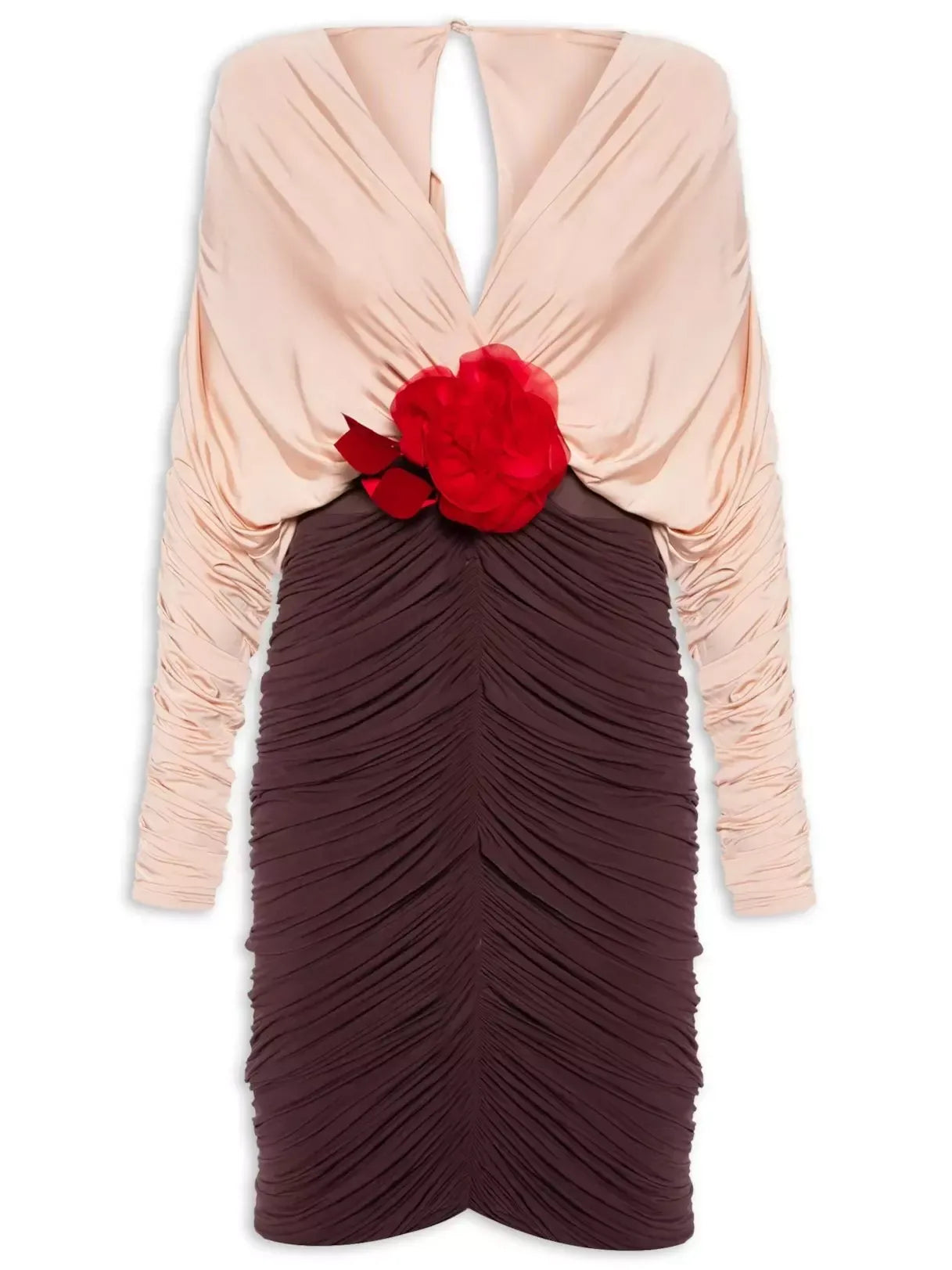 Bicolor Floral-Appliqué Draped Ruched Dress - Dresses