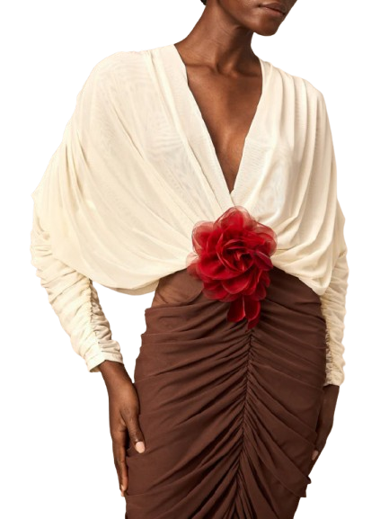 Bicolor Floral-Appliqué Draped Ruched Dress - Dresses