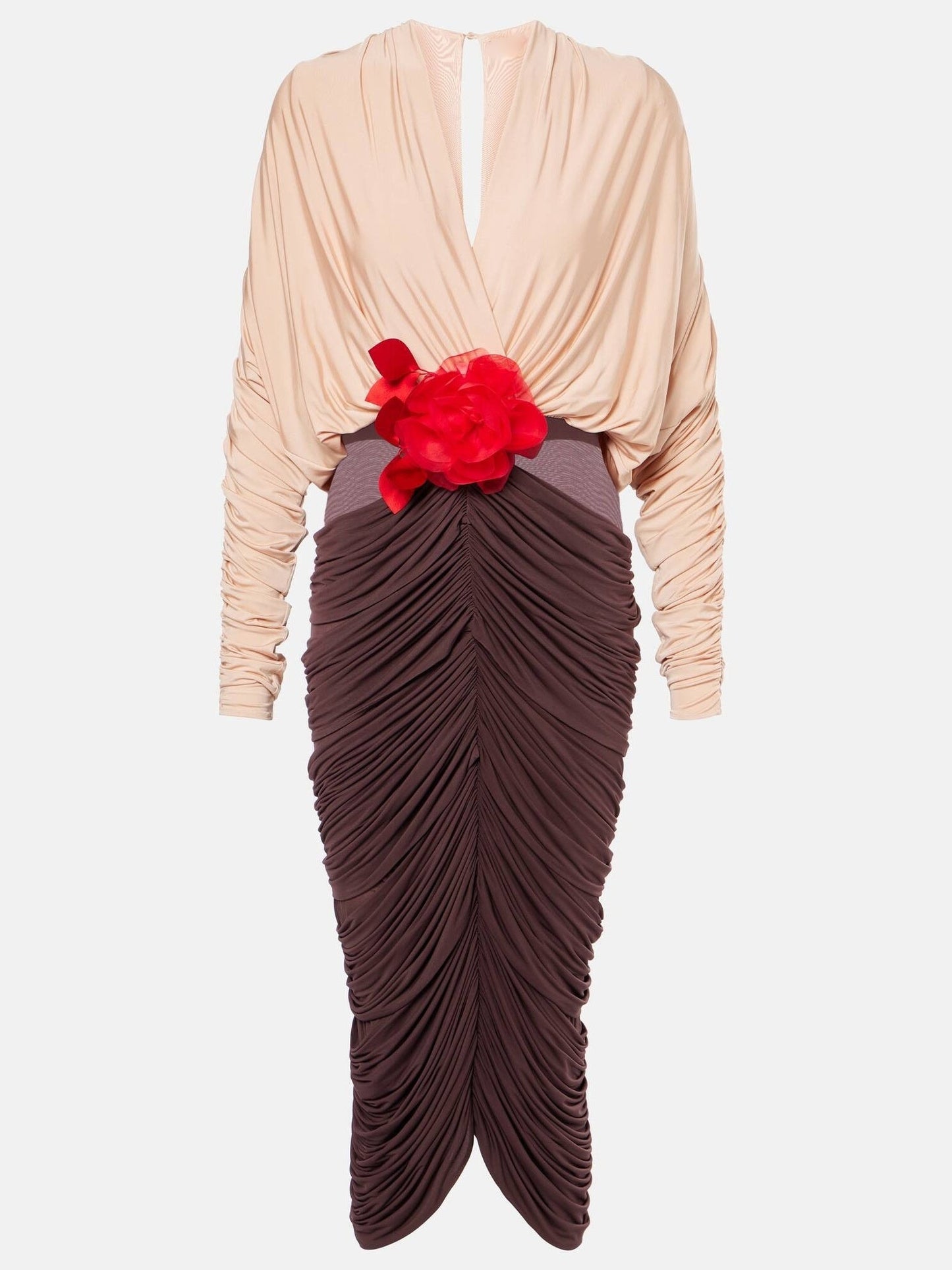 Bicolor Floral-Appliqué Draped Ruched Dress - Dresses