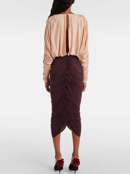 Bicolor Floral-Appliqué Draped Ruched Dress - Dresses