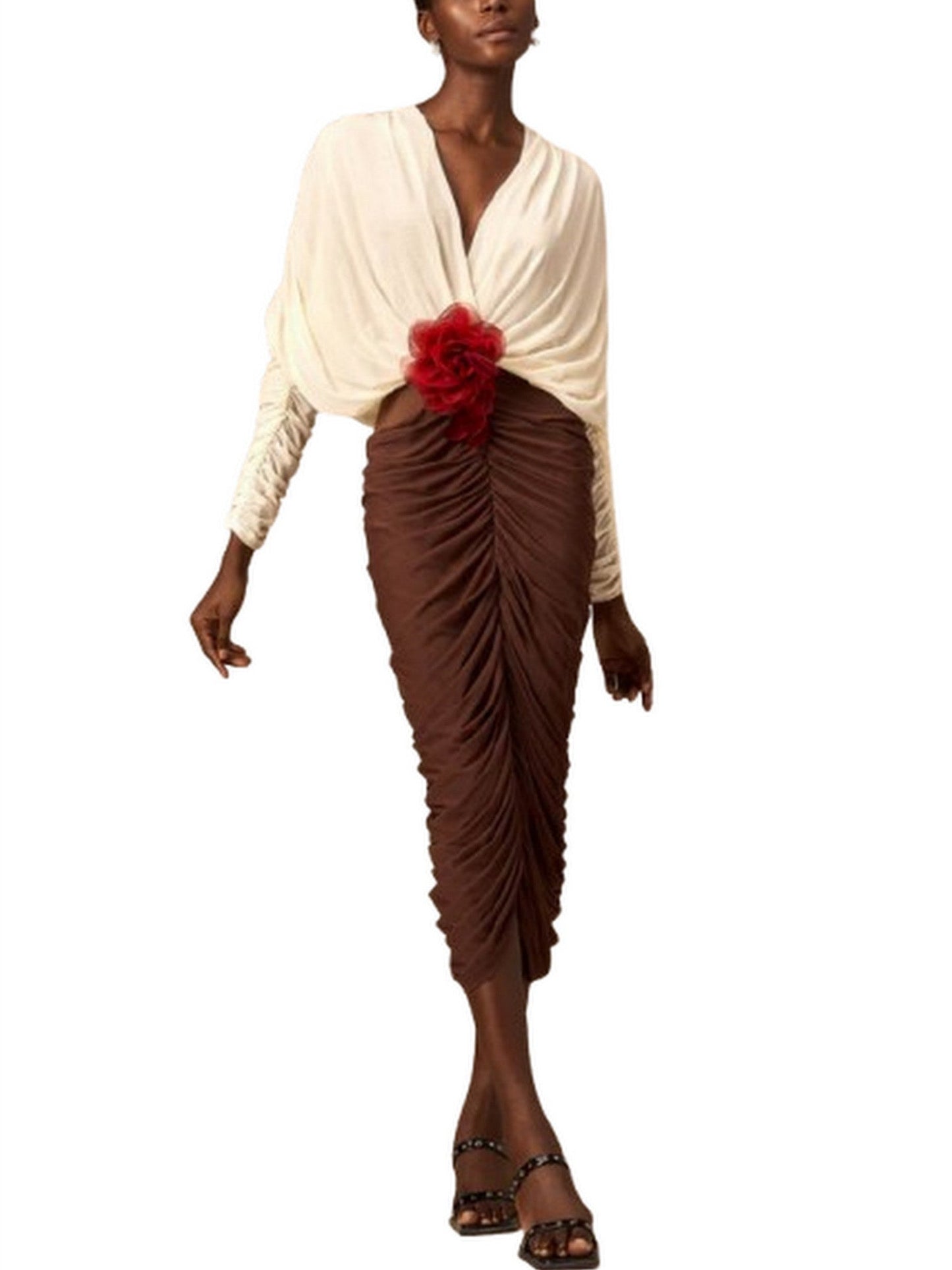 Bicolor Floral-Appliqué Draped Ruched Dress - Dresses