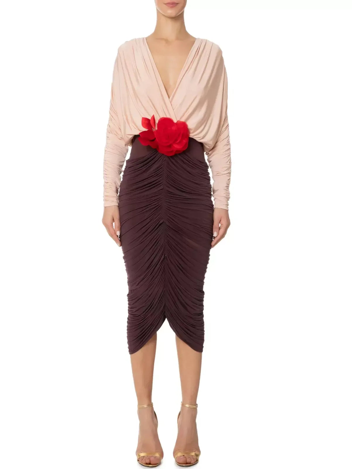 Bicolor Floral-Appliqué Draped Ruched Dress - Dresses