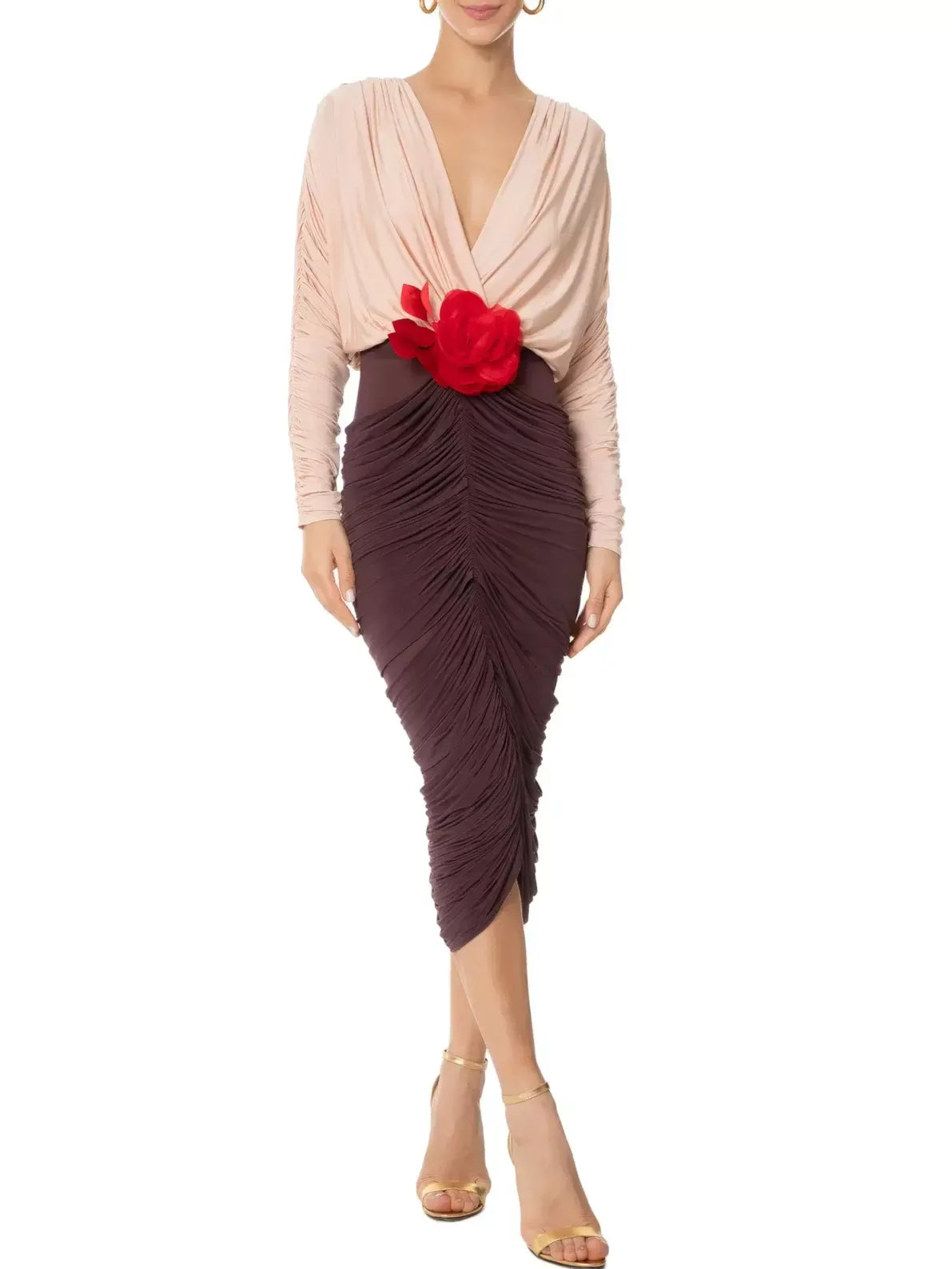 Bicolor Floral-Appliqué Draped Ruched Dress - Dresses