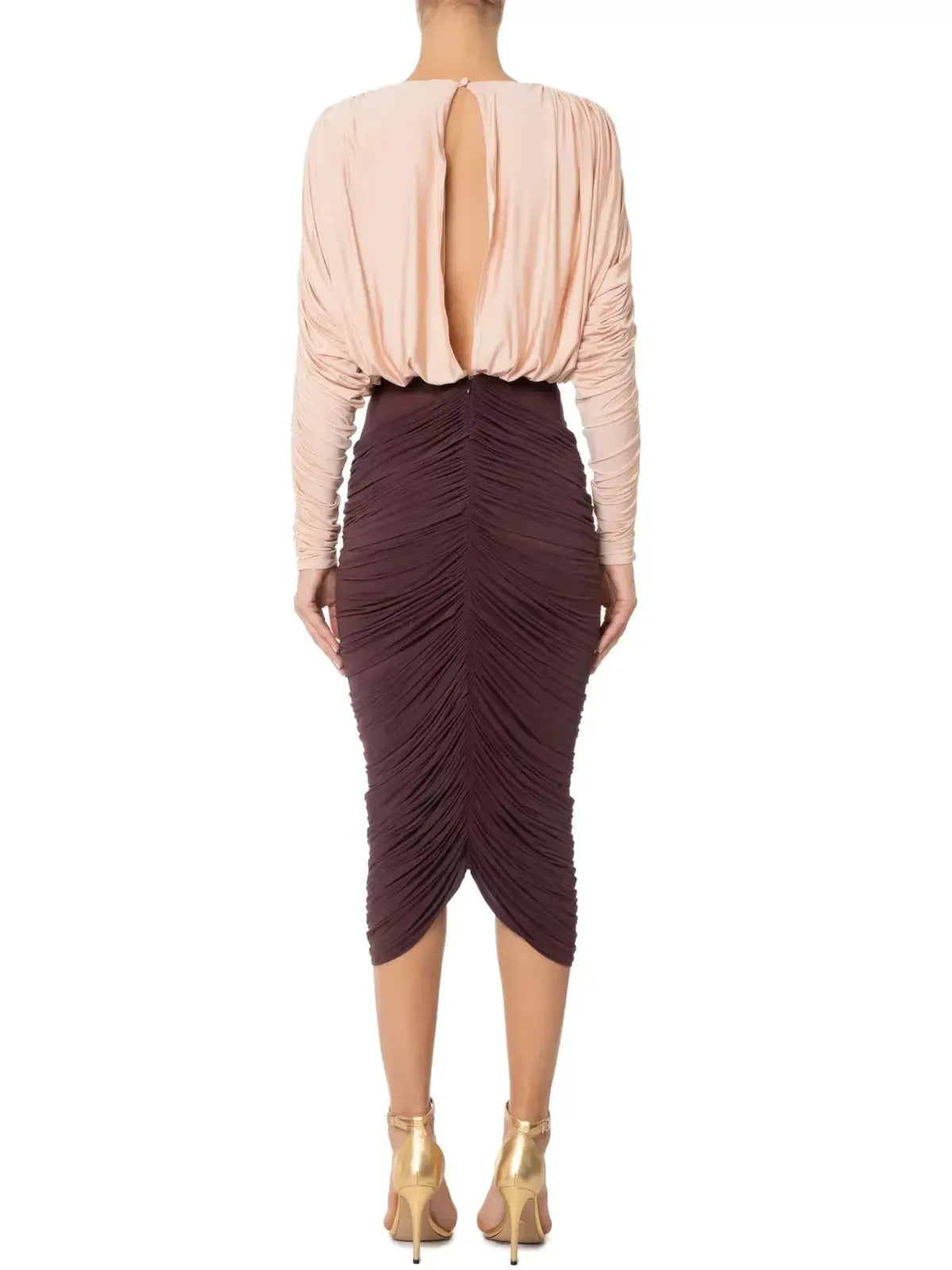 Bicolor Floral-Appliqué Draped Ruched Dress - Dresses