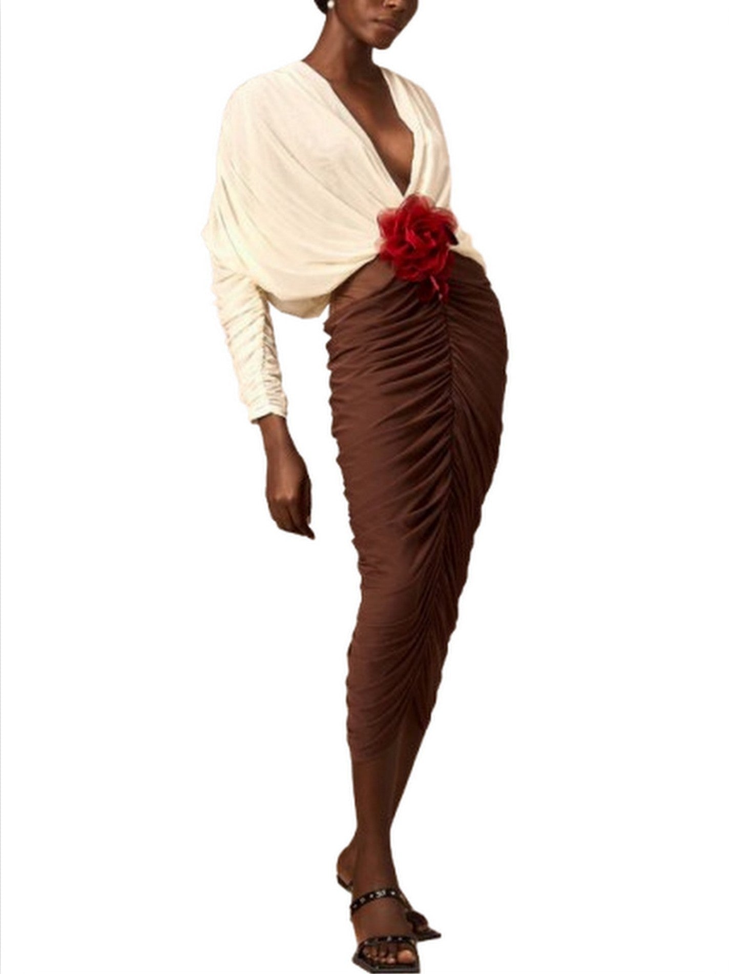 Bicolor Floral-Appliqué Draped Ruched Dress - Dresses