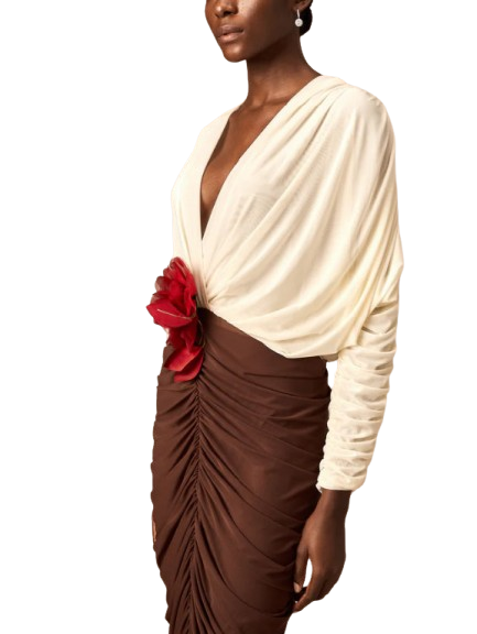 Bicolor Floral-Appliqué Draped Ruched Dress - Dresses