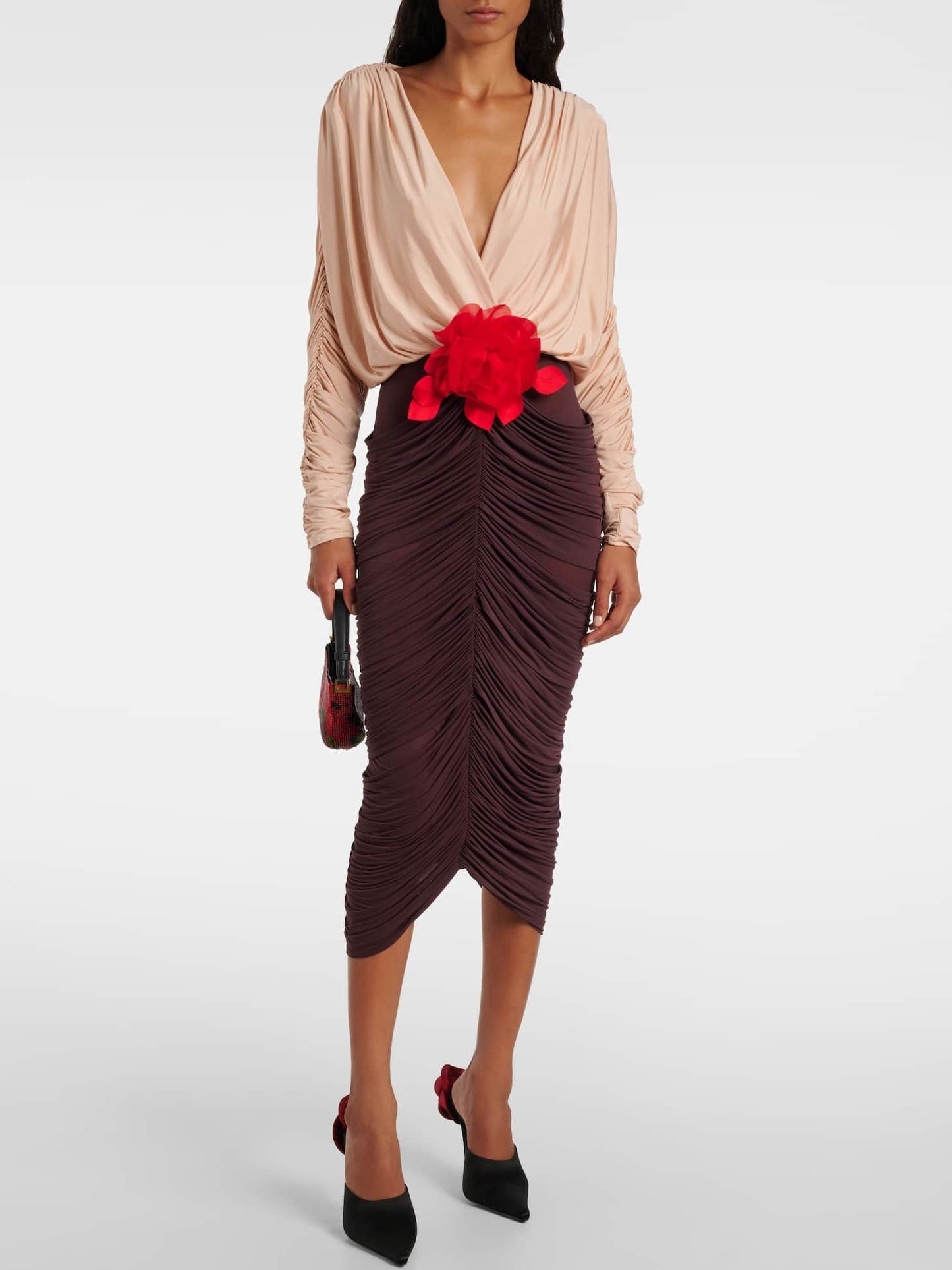 Bicolor Floral-Appliqué Draped Ruched Dress - Dresses