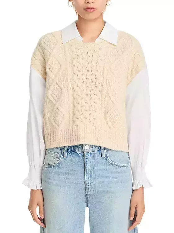Cream cable-knit sweater vest from Bicolor Hybrid Wool Shirt-Sweater collection