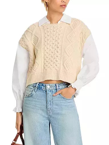 Cream cable-knit sweater vest from Bicolor Hybrid Wool Shirt-Sweater collection