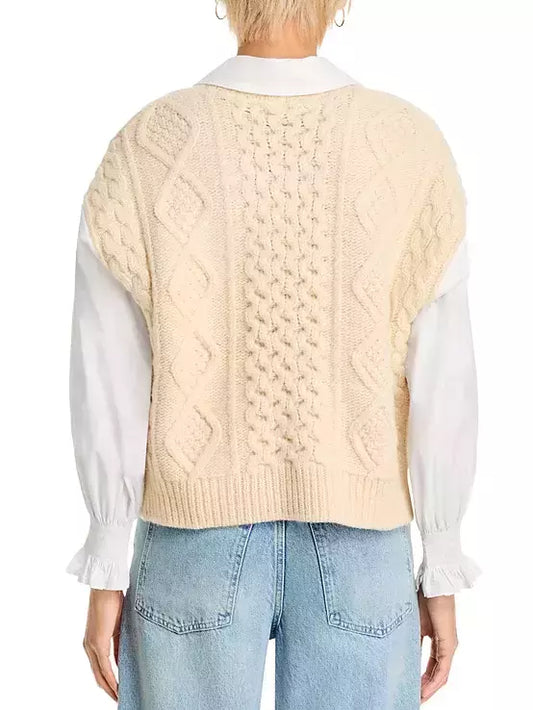 Cream cable-knit sweater vest from the Bicolor Hybrid Wool Shirt-Sweater collection