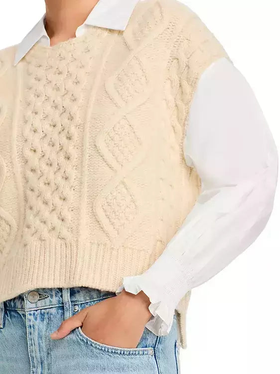 Cream cable-knit sweater vest from the Bicolor Hybrid Wool Shirt-Sweater collection