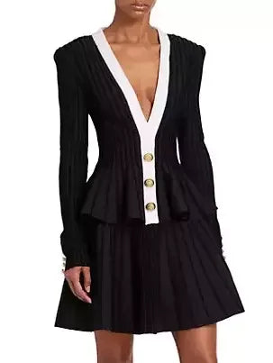 Bicolor Knit Flared Cardigan and Skirt Set - Suits & Sets