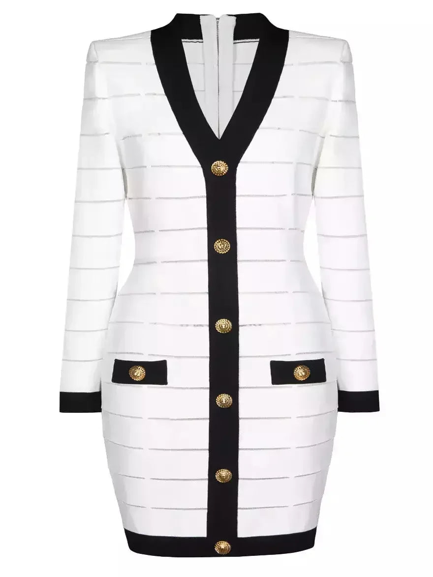 Bicolor Low-Cut Stretch Knit Buttoned Mini Dress - Dresses