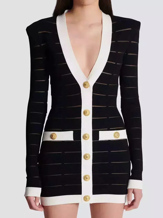 Bicolor Low-Cut Stretch Knit Buttoned Mini Dress - Dresses