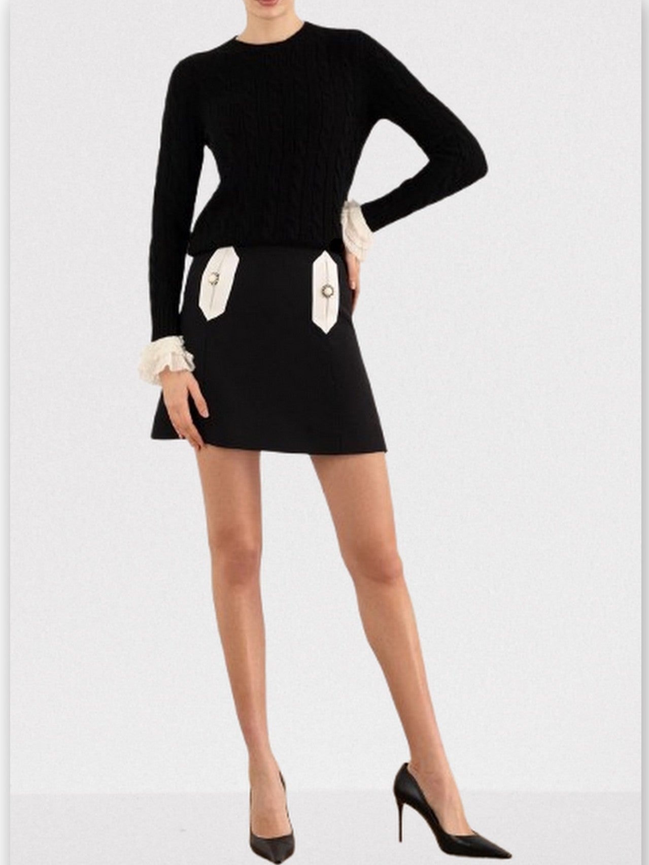 Bicolor Mini Skirt with Decorative Buttons - Skirts