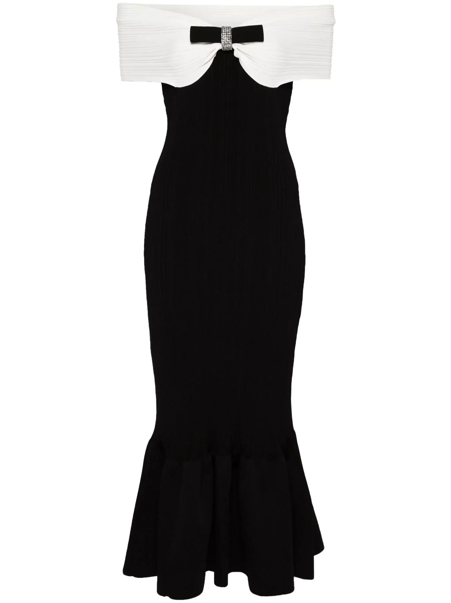 Bicolor Off-Shoulder Bow-Detail Ribbed Midi Dress - Dresses