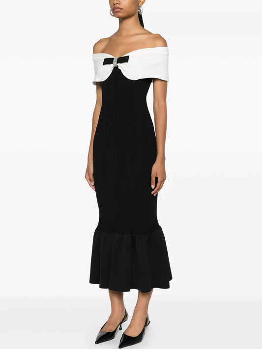 Bicolor Off-Shoulder Bow-Detail Ribbed Midi Dress - Dresses