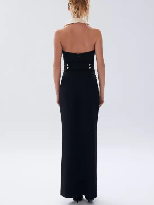 Bicolor Pearl-Button Sleeveless Maxi Dress - Dresses