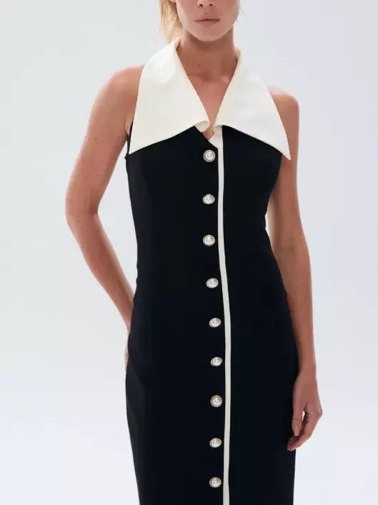 Bicolor Pearl-Button Sleeveless Maxi Dress - Dresses