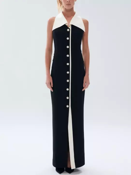 Bicolor Pearl-Button Sleeveless Maxi Dress - Dresses