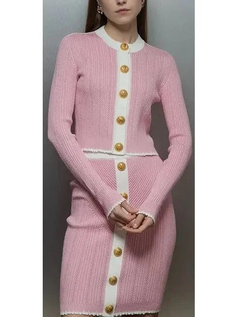 Bicolor Pink and White Knit Gold-Embossed Buttoned Cardigan and Mini Skirt Set - Suits & Sets