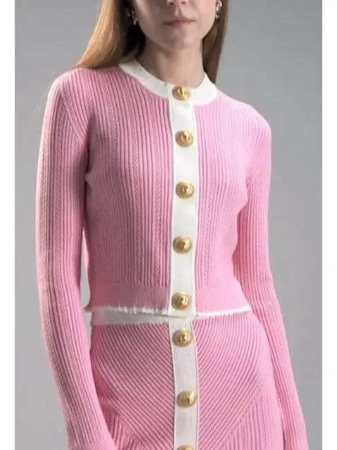 Bicolor Pink and White Knit Gold-Embossed Buttoned Cardigan and Mini Skirt Set - Suits & Sets