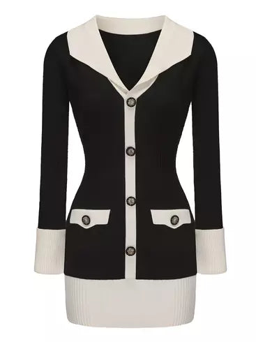 Bicolor Ribbed Knit Mini Sweater Dress featuring black and white button details