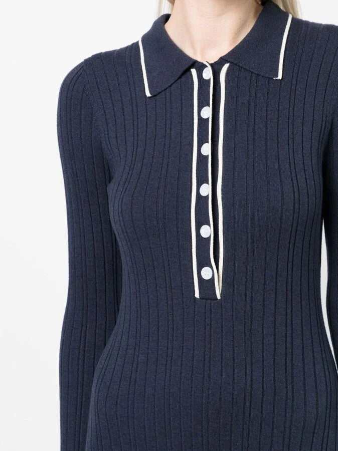 Bicolor Ribbed Knit Polo Maxi Dress - Dresses