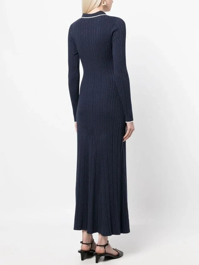 Bicolor Ribbed Knit Polo Maxi Dress - Dresses