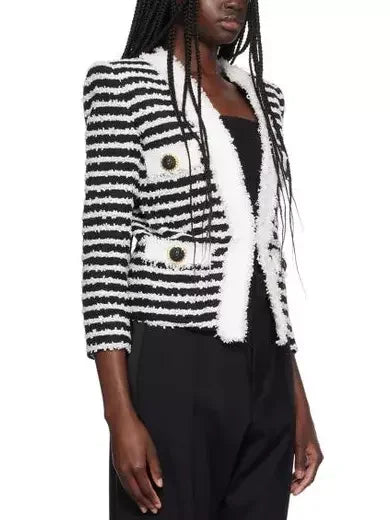 Bicolor Striped Tweed Cardigan Jacket - Sweaters & Knitwear