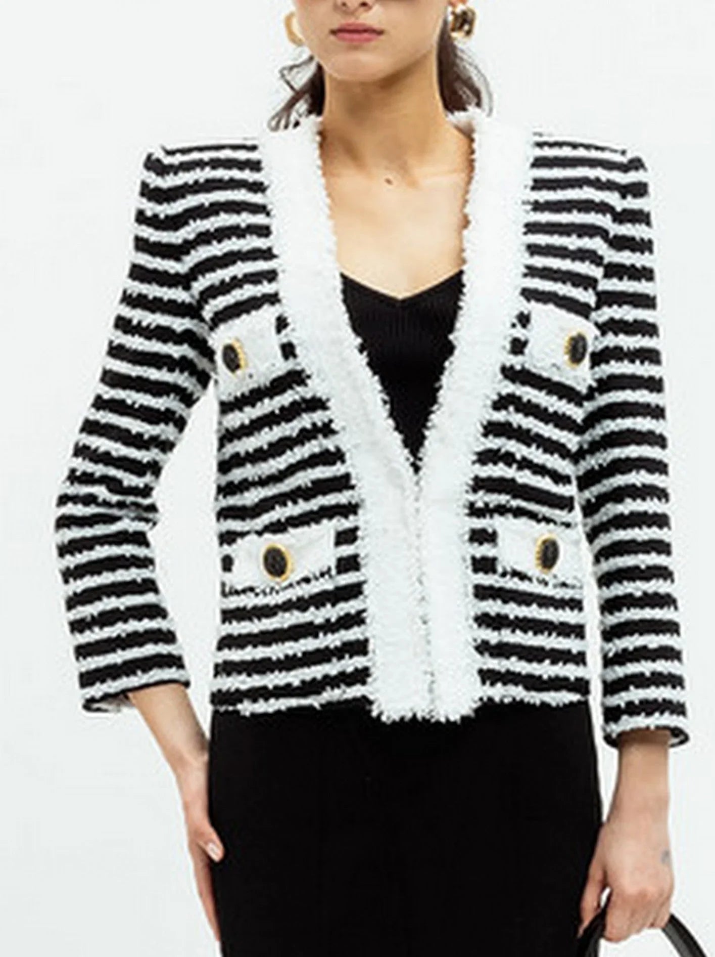 Bicolor Striped Tweed Cardigan Jacket - Sweaters & Knitwear