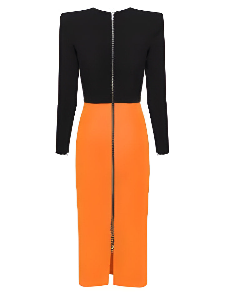 Black and Orange Long-Sleeve Crepe Stretch Midi Dress - Dresses