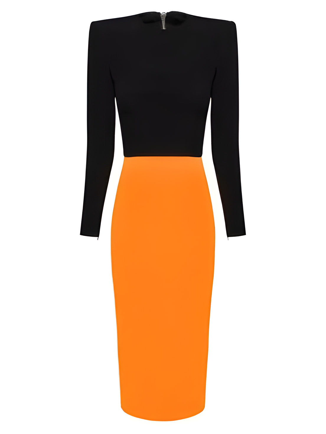 Black and Orange Long-Sleeve Crepe Stretch Midi Dress - Dresses