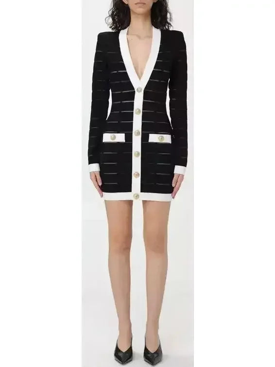 Black and White Button-Front Short Knit Cardigan Dress - Dresses
