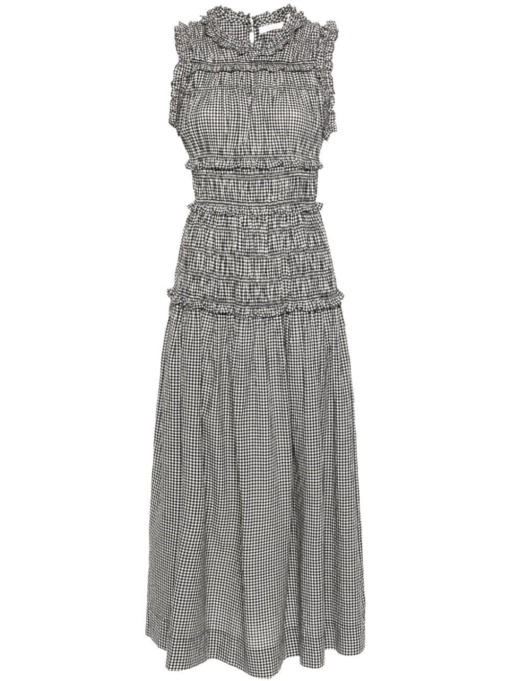 Black and White Check Smocked Midi Dress - Dresses