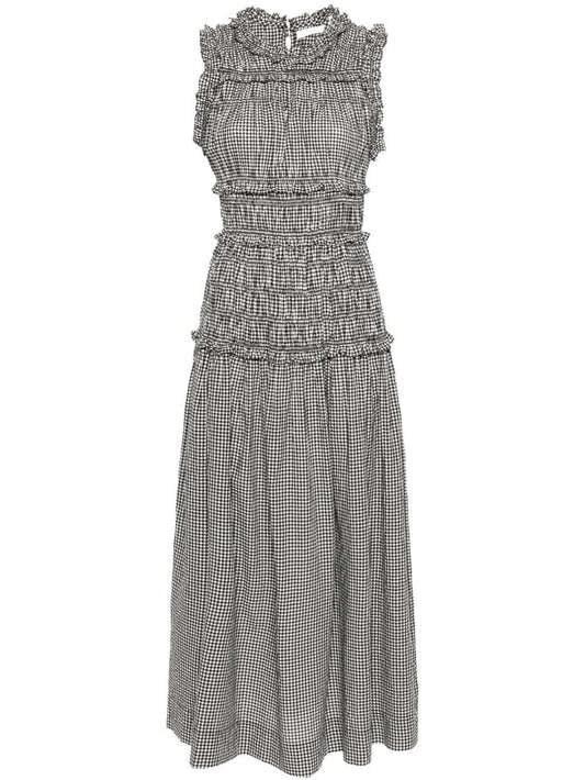 Black and White Check Smocked Midi Dress - Dresses